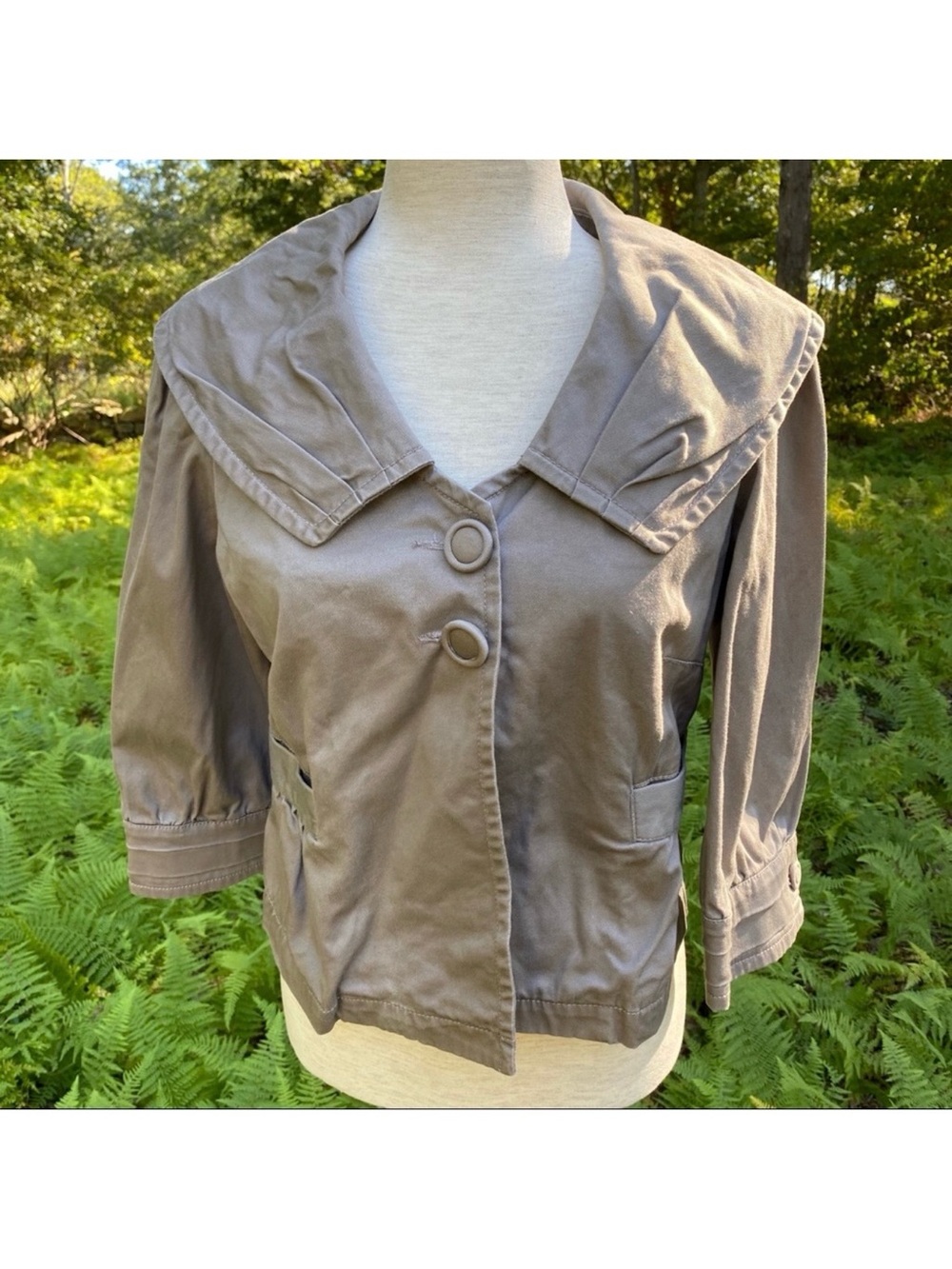SANCTUARY JACKET CROPPED TAUPE GRAY TAN 3/4 SLEEVE COLLAR size M